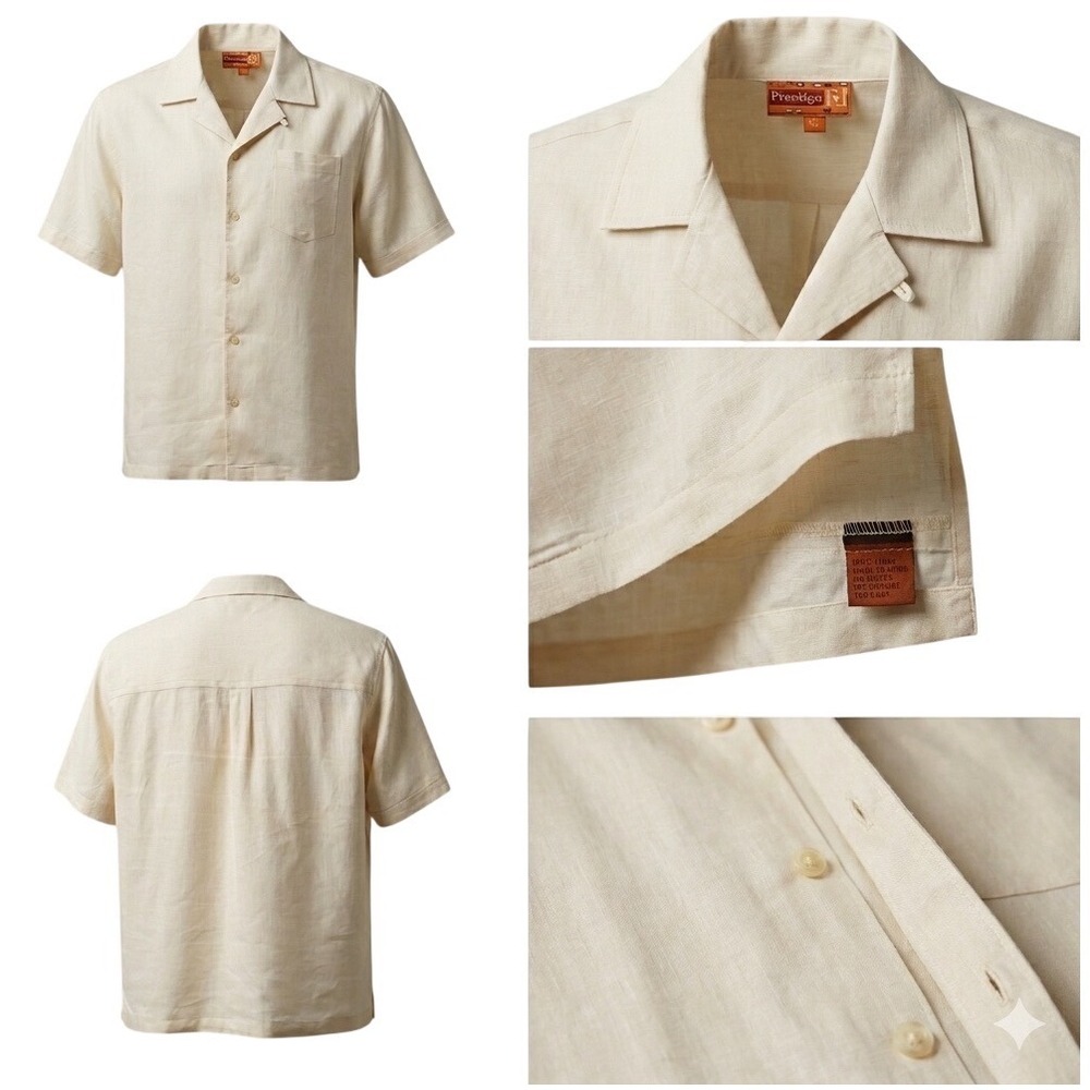 Royal Prestige Mens XL Cream 100% Linen Short Sleeve Camp Collar Button Up Shirt